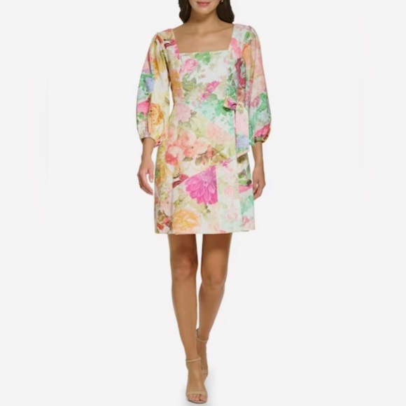 EUC Vince Camuto Linen Aline Dress Floral Print Dress in Ivory and Pastels, Sz 6 - Picture 4 of 16